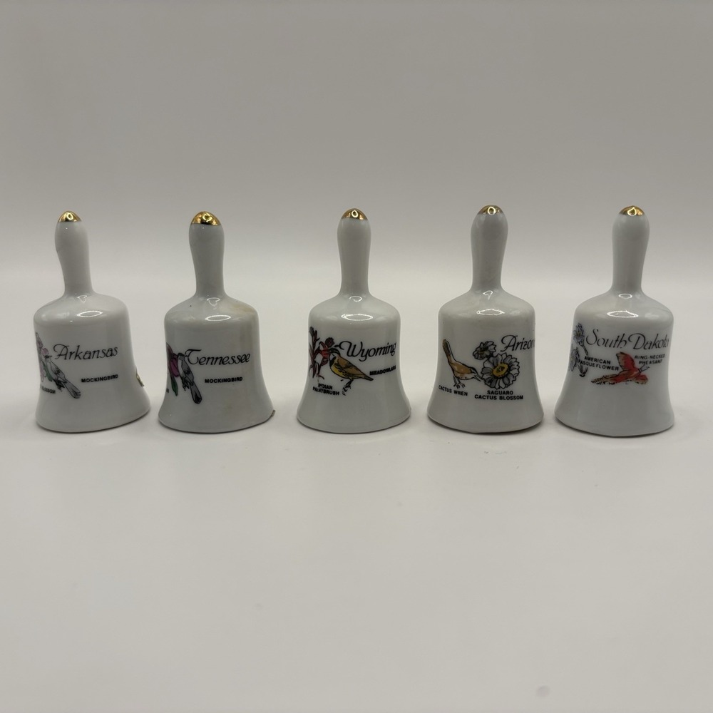 Set Of 5 US States Miniature Souvenir Bells Featuring State Birds & Flowers